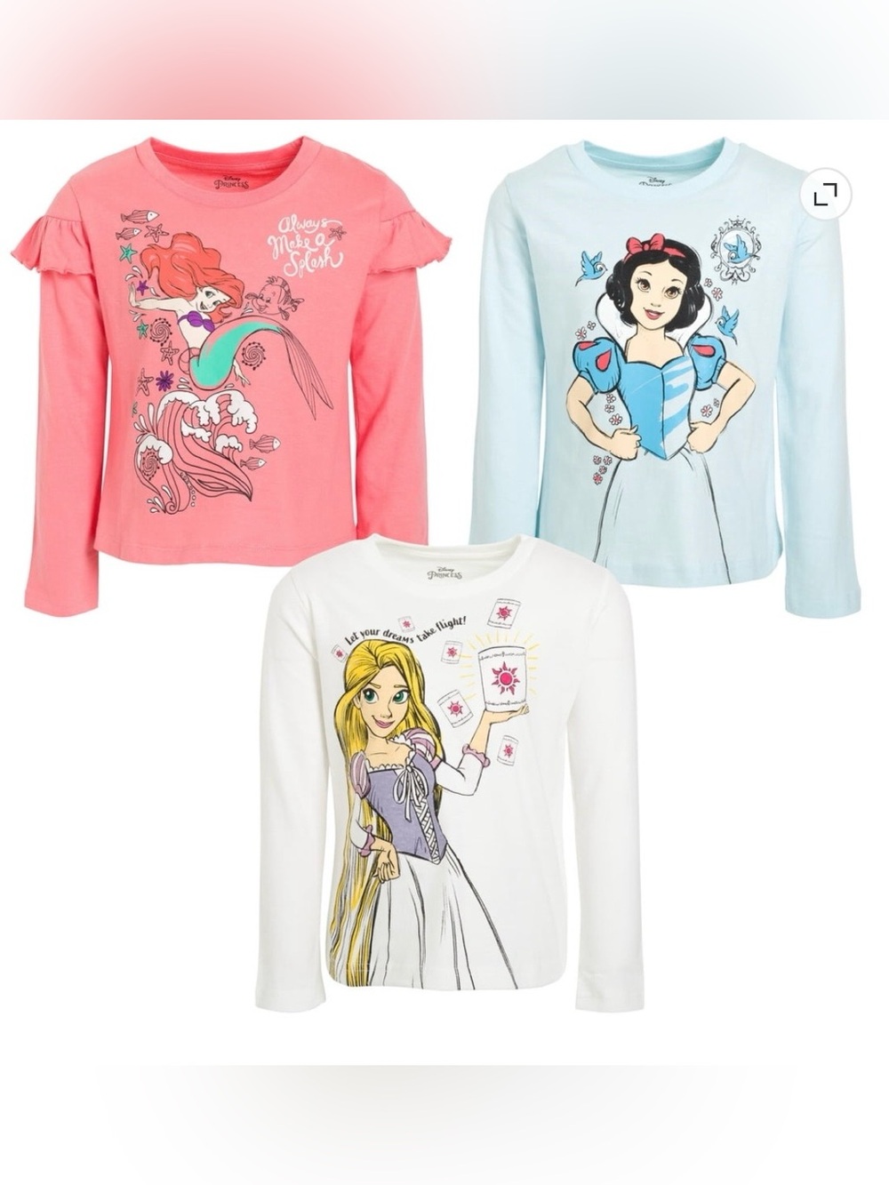 Disney Girls Long-Sleeve Princess Tees Little Mermaid Snow White Rapunzel Sz 6